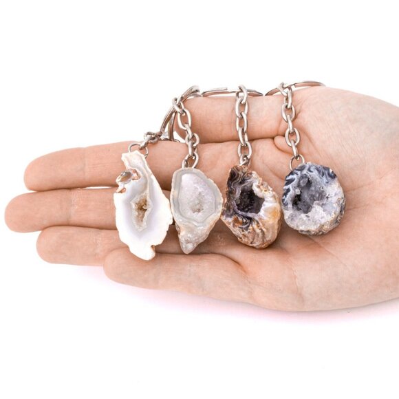 Agate Oco Geode Keychain Natural Rough Druzy Crystal Specimen Healing Rock - Picture 2 of 9